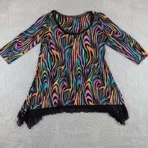From the Heart Trudy Tunic Top XL Multicolor Abstract Mesh Sharkbite Hem USA